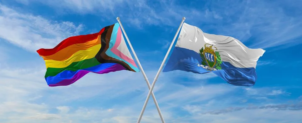 Crossed flags of progress lgbt pride and San Marino flag waving in the wind a Stock Illustration