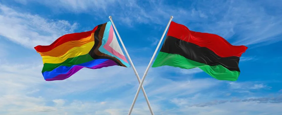 Crossed flags of progress lgbt pride and Pan-African flag waving in the wind  Stock Illustration