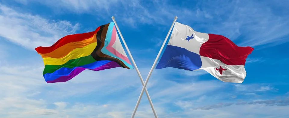 Crossed flags of progress lgbt pride and Panama flag waving in the wind at cl Stock Illustration