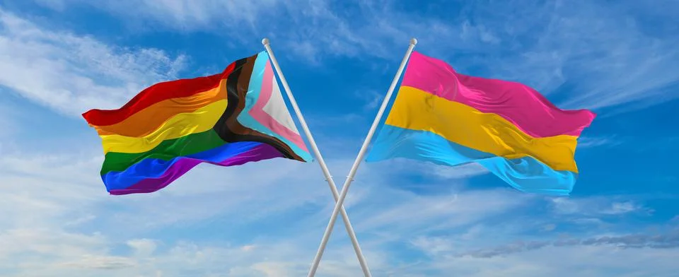 Crossed flags of progress lgbt pride and Pansexuality Pride flag waving in th Stock Illustration
