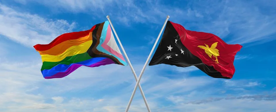 Crossed flags of progress lgbt pride and Papua New Guinea flag waving in the  Stock Illustration