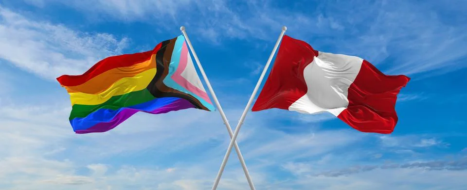 Crossed flags of progress lgbt pride and Peru flag waving in the wind at clou Stock Illustration