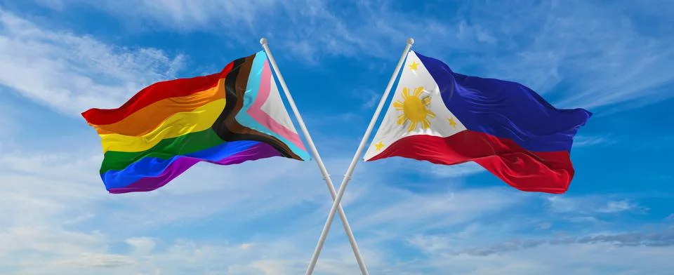 Crossed flags of progress lgbt pride and Philippines flag waving in the wind  Stock Illustration