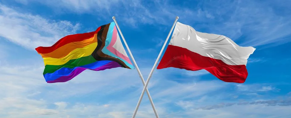 Crossed flags of progress lgbt pride and poland flag waving in the wind at cl Stock Illustration