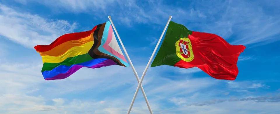 Crossed flags of progress lgbt pride and portugal flag waving in the wind at  Stock Illustration