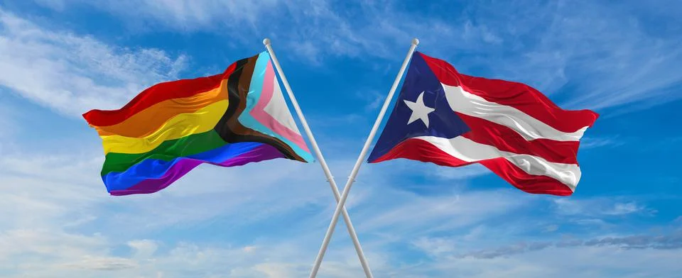Crossed flags of progress lgbt pride and Puerto Rico flag waving in the wind  Stock Illustration