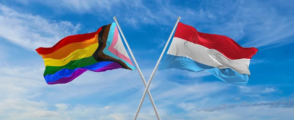 Crossed flags of progress lgbt pride and Luxembourg flag waving in the wind a Stock Illustration
