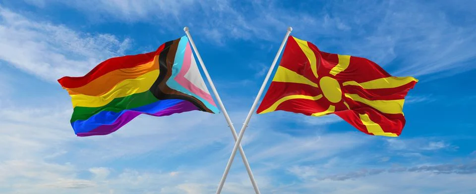 Crossed flags of progress lgbt pride and Macedonia flag waving in the wind at Stock Illustration
