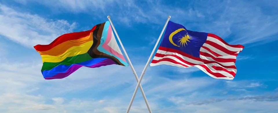 Crossed flags of progress lgbt pride and Malaysia flag waving in the wind at  Stock Illustration