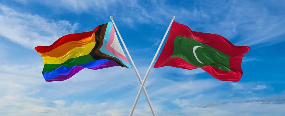 Crossed flags of progress lgbt pride and Maldives flag waving in the wind at  Stock Illustration