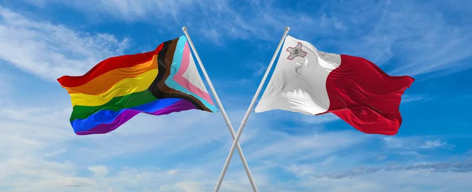 Crossed flags of progress lgbt pride and Malta flag waving in the wind at clo Stock Illustration