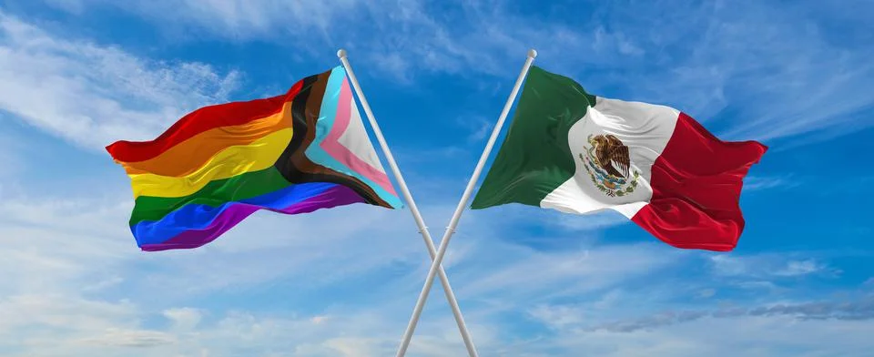 Crossed flags of progress lgbt pride and Mexico flag waving in the wind at cl Stock Illustration