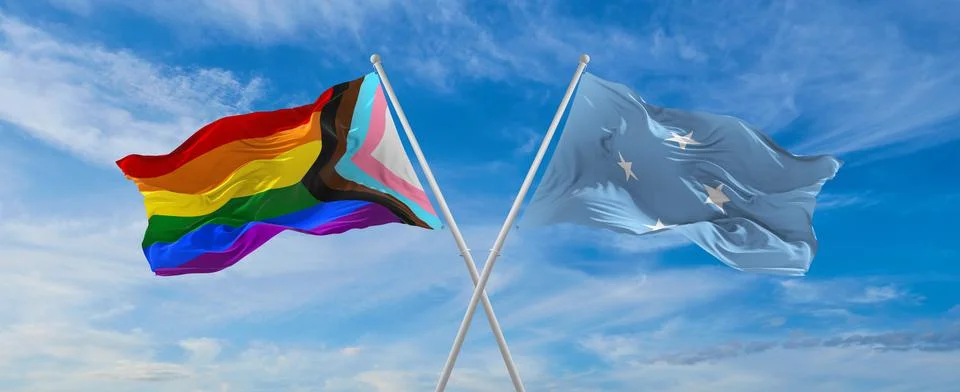 Crossed flags of progress lgbt pride and Micronesia Federated States flag wav Stock Illustration
