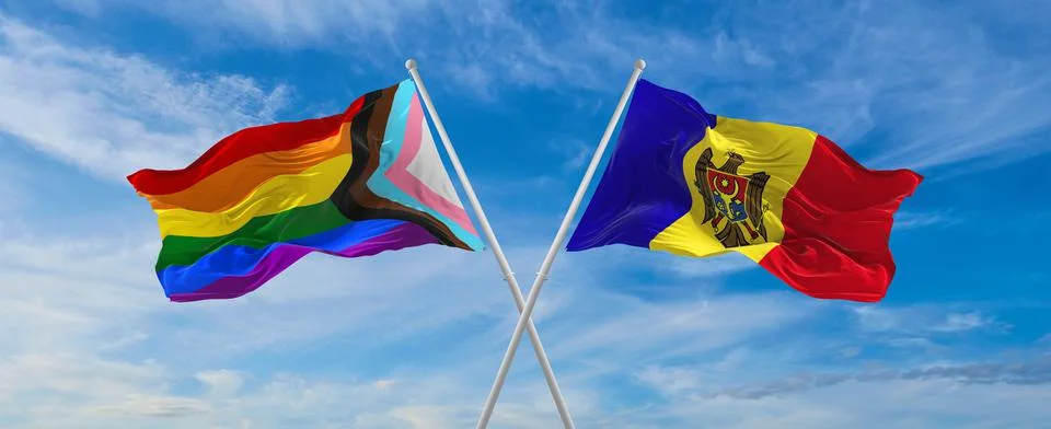Crossed flags of progress lgbt pride and Moldova flag waving in the wind at c Stock Illustration