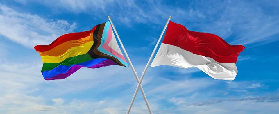 Crossed flags of progress lgbt pride and Monaco flag waving in the wind at cl Stock Illustration
