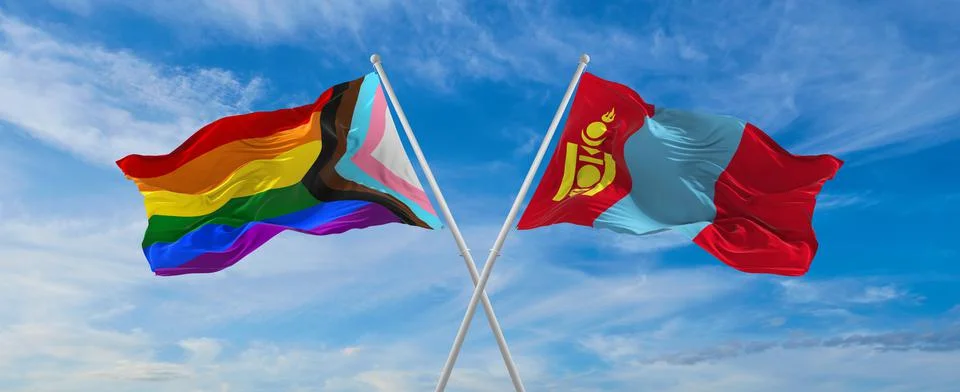 Crossed flags of progress lgbt pride and Mongolia flag waving in the wind at  Stock Illustration