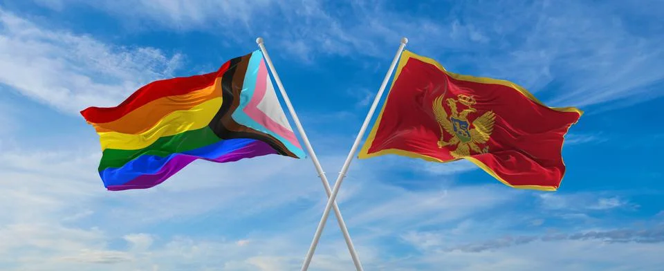Crossed flags of progress lgbt pride and Montenegro flag waving in the wind a Stock Illustration