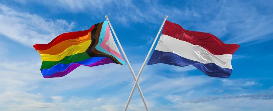Crossed flags of progress lgbt pride and netherlands flag waving in the wind  Stock Illustration