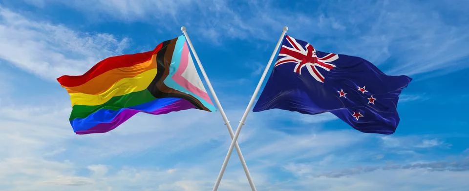 Crossed flags of progress lgbt pride and New Zealand flag waving in the wind  Stock Illustration