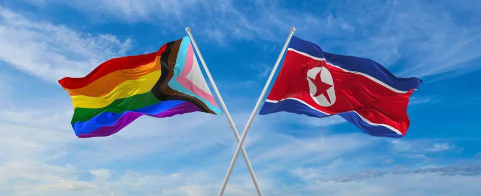 Crossed flags of progress lgbt pride and North Korea flag waving in the wind  Stock Illustration