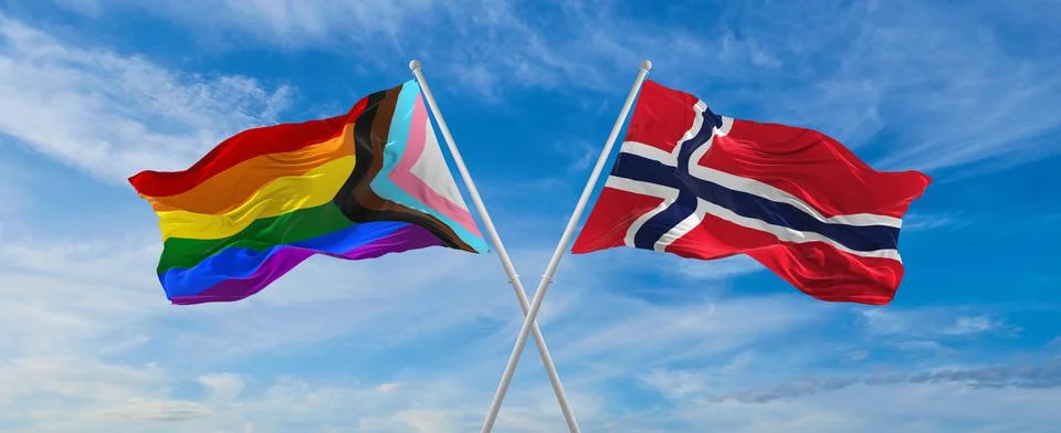 Crossed flags of progress lgbt pride and Norway flag waving in the wind at cl Stock Illustration