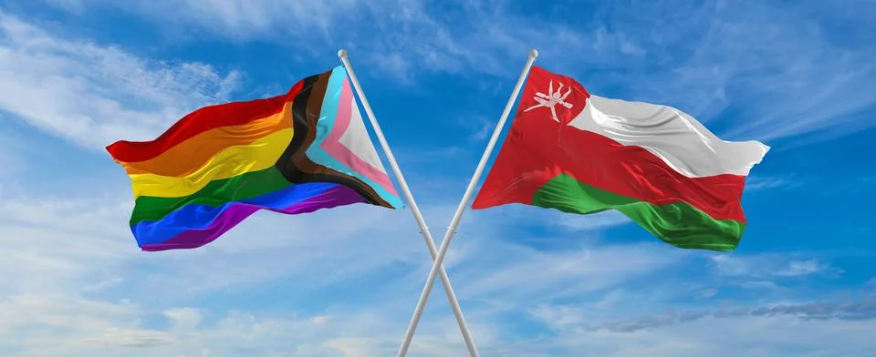 Crossed flags of progress lgbt pride and Oman flag waving in the wind at clou Stock Illustration