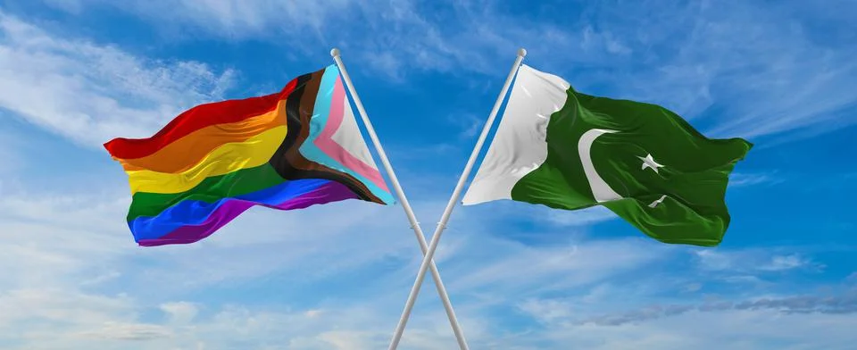Crossed flags of progress lgbt pride and Pakistan flag waving in the wind at  Stock Illustration