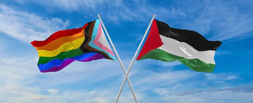 Crossed flags of progress lgbt pride and Palestine flag waving in the wind at Stock Illustration