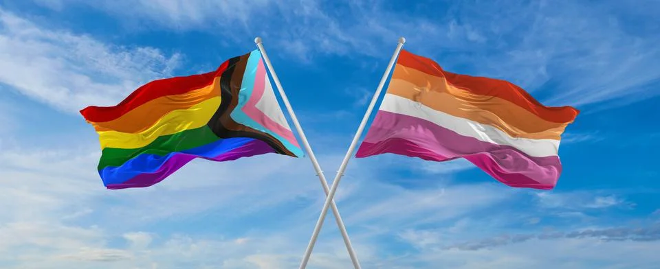Crossed flags of progress lgbt pride and Lesbian Pride flag waving in the win Stock Illustration