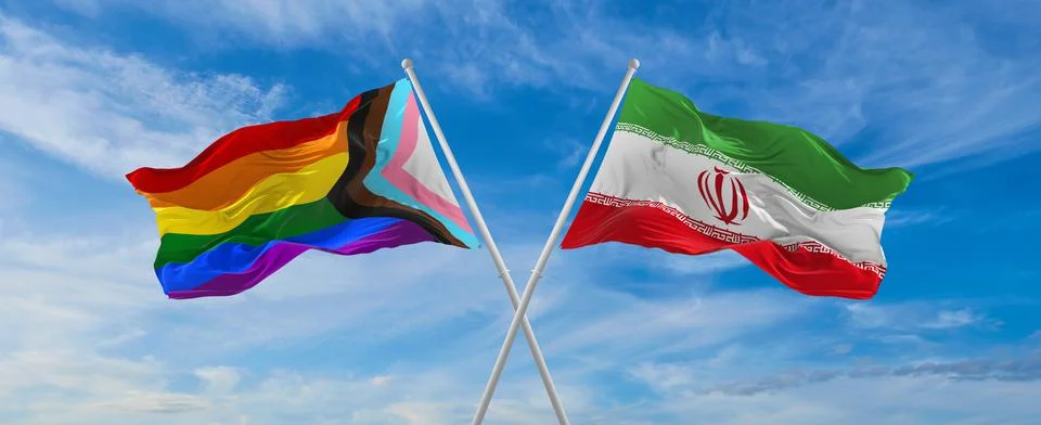 Crossed flags of progress lgbt pride and Iran flag waving in the wind at clou Stock Illustration