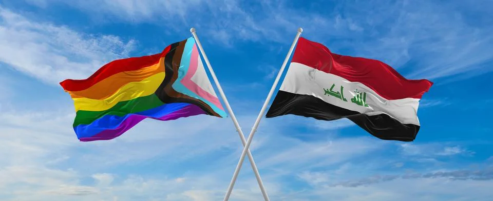 Crossed flags of progress lgbt pride and Iraq flag waving in the wind at clou Stock Illustration