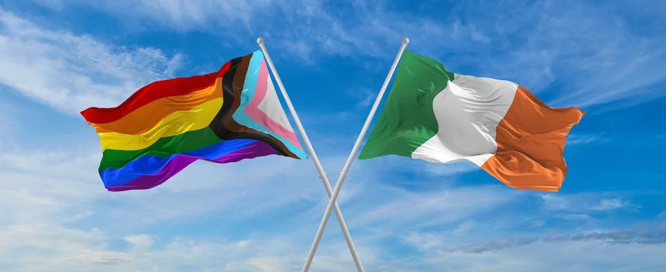 Crossed flags of progress lgbt pride and Ireland flag waving in the wind at c Stock Illustration