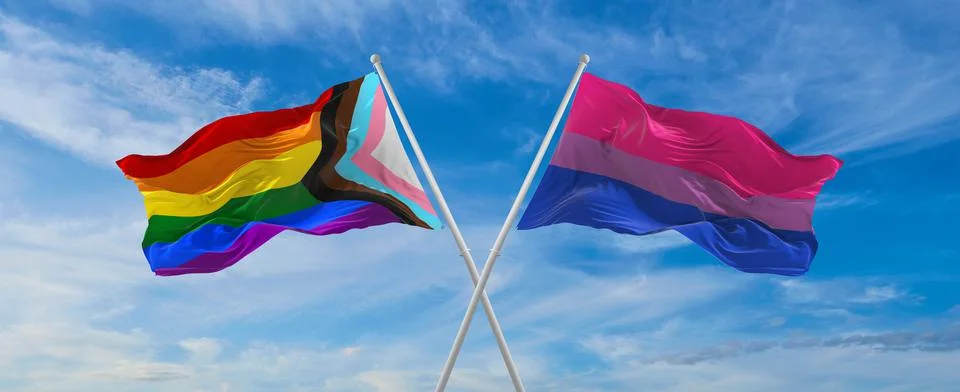 Crossed flags of progress lgbt pride and isexuality Pride flag waving in the  Stock Illustration