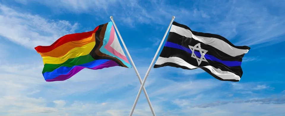 Crossed flags of progress lgbt pride and Israel with Police Blue Line flag wa Stock Illustration