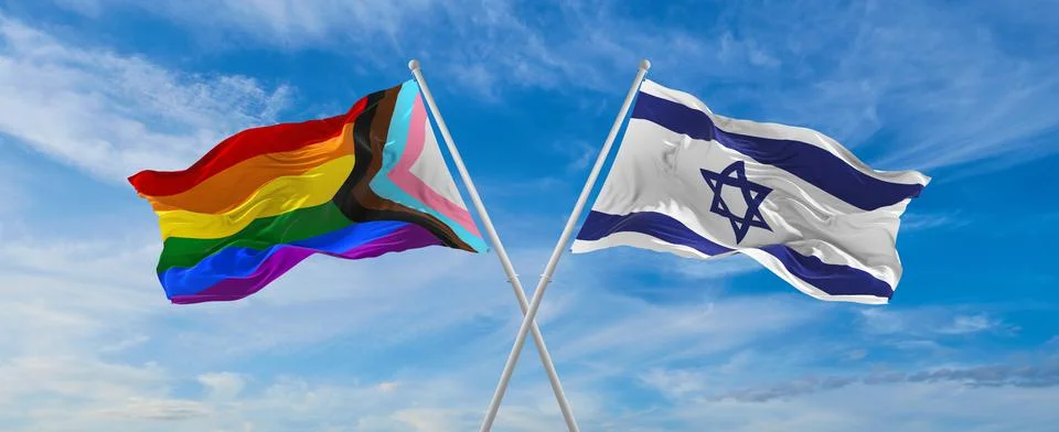 Crossed flags of progress lgbt pride and Israel flag waving in the wind at cl Stock Illustration
