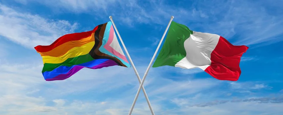 Crossed flags of progress lgbt pride and Italia flag waving in the wind at cl Stock Illustration