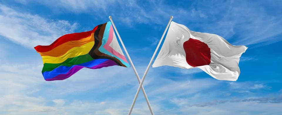 Crossed flags of progress lgbt pride and japan flag waving in the wind at clo Stock Illustration