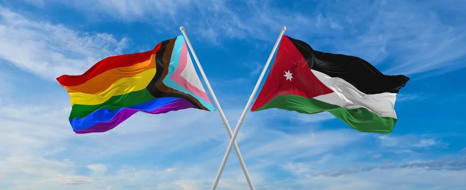 Crossed flags of progress lgbt pride and Jordan flag waving in the wind at cl Stock Illustration