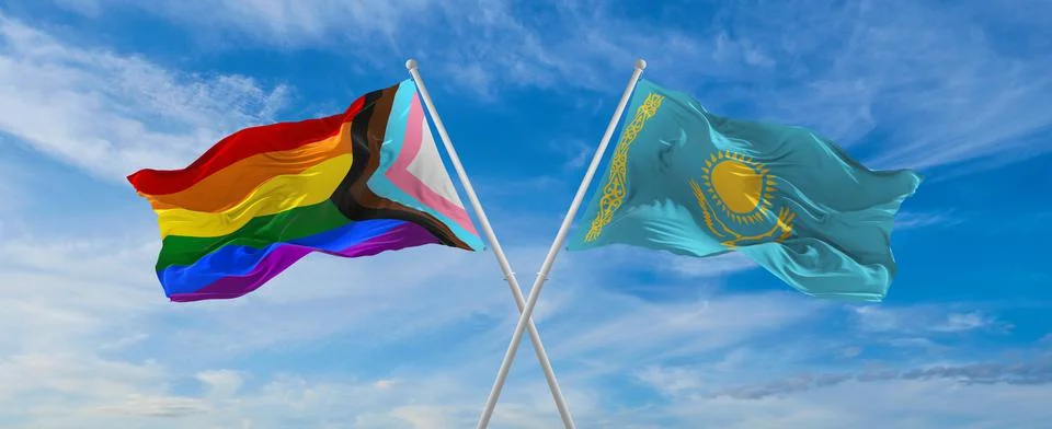 Crossed flags of progress lgbt pride and Kazakhstan flag waving in the wind a Stock Illustration