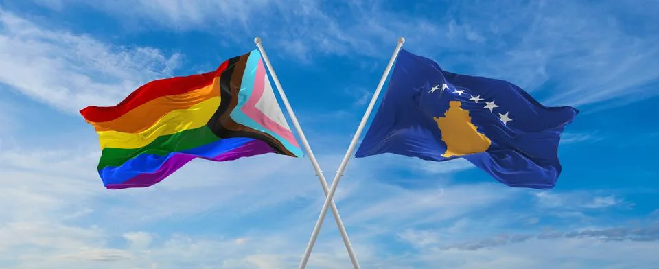 Crossed flags of progress lgbt pride and Kosovo flag waving in the wind at cl Stock Illustration