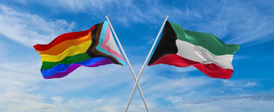 Crossed flags of progress lgbt pride and Kuwait flag waving in the wind at cl Stock Illustration