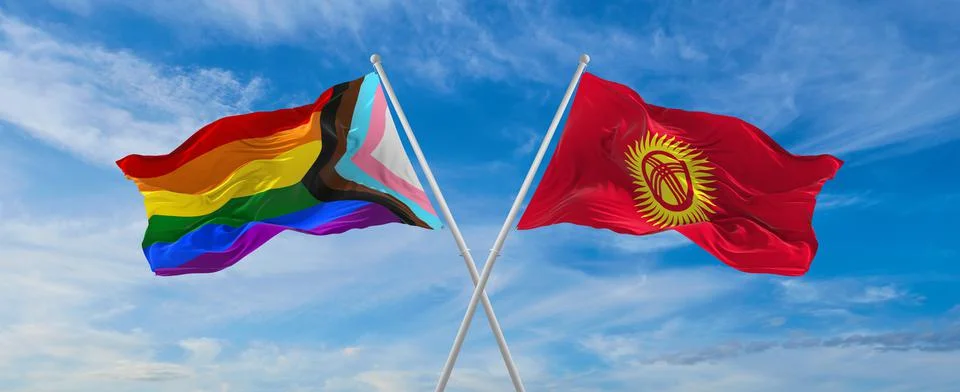 Crossed flags of progress lgbt pride and Kyrgyzstan flag waving in the wind a Stock Illustration