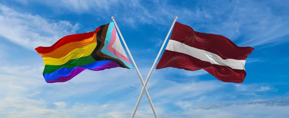 Crossed flags of progress lgbt pride and latvia flag waving in the wind at cl Stock Illustration