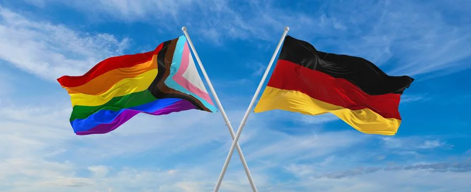 Crossed flags of progress lgbt pride and Federal Republic of Germany flag wav Stock Illustration
