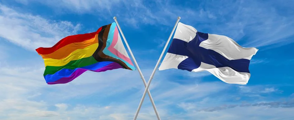 Crossed flags of progress lgbt pride and Finland flag waving in the wind at c Stock Illustration