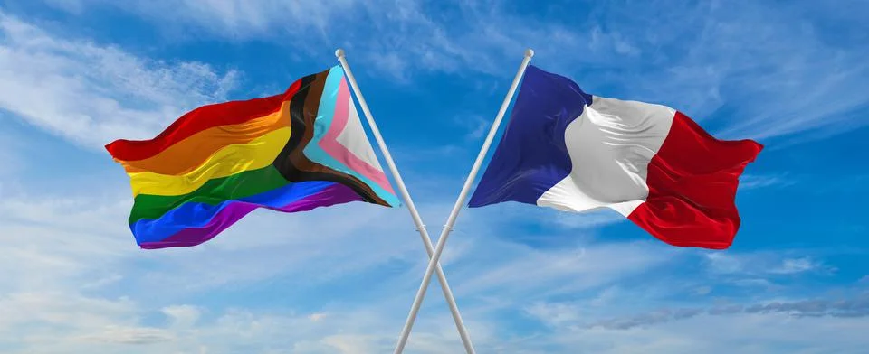 Crossed flags of progress lgbt pride and France flag waving in the wind at cl Stock Illustration
