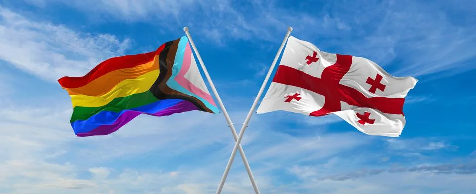 Crossed flags of progress lgbt pride and Georgia flag waving in the wind at c Stock Illustration