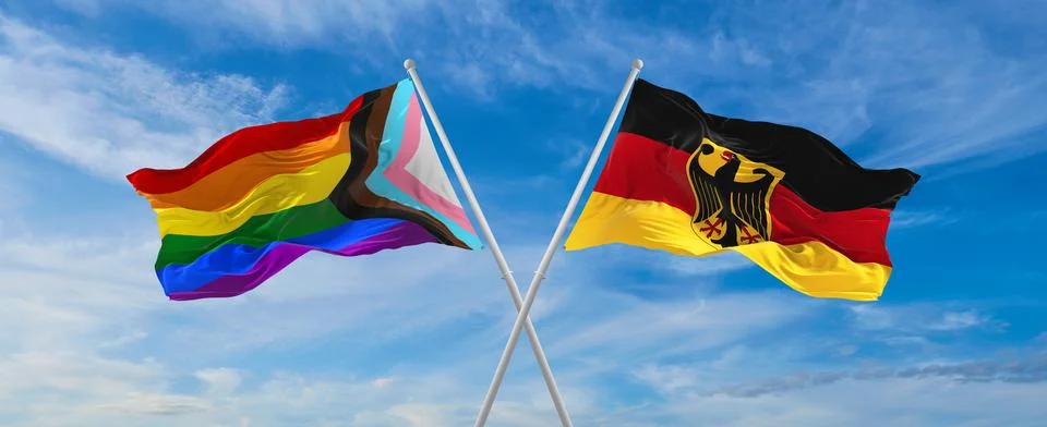 Crossed flags of progress lgbt pride and Germany flag waving in the wind at c Stock Illustration