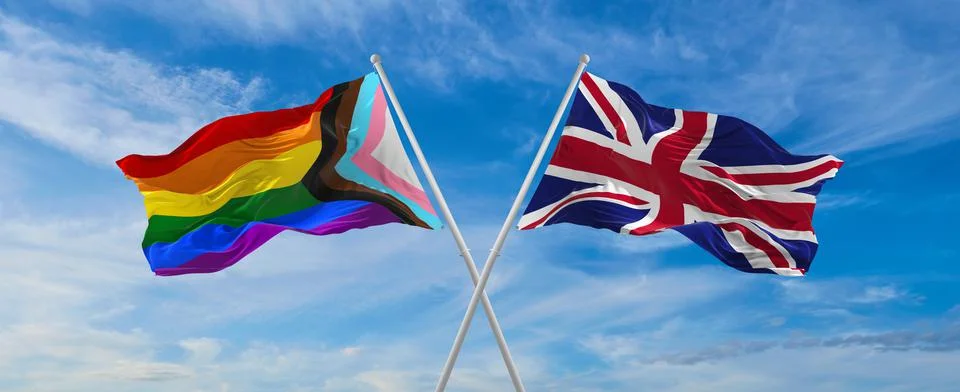 Crossed flags of progress lgbt pride and Great Britain flag waving in the win Stock Illustration