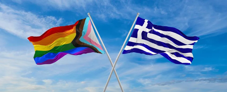 Crossed flags of progress lgbt pride and Greece flag waving in the wind at cl Stock Illustration